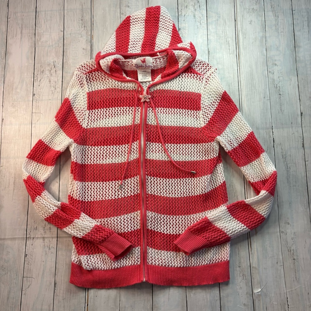 Quacker Factory Zip Up Hooded Mesh Jacket Beach Cover Up Sz L Pink White Stripe